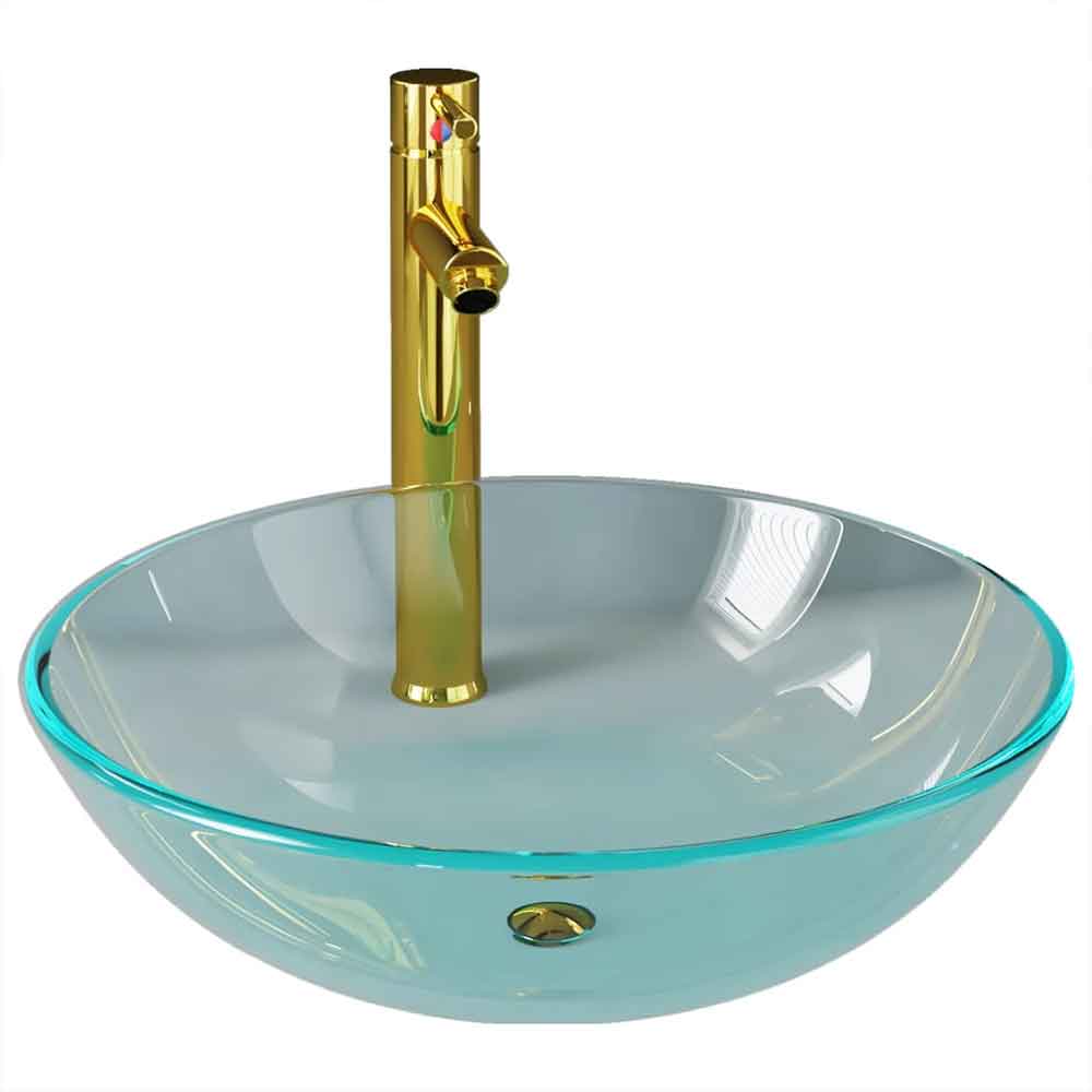 Tacoma Round Countertop Basin 420mm Wide With Gold Tap And Waste - Clear Glass