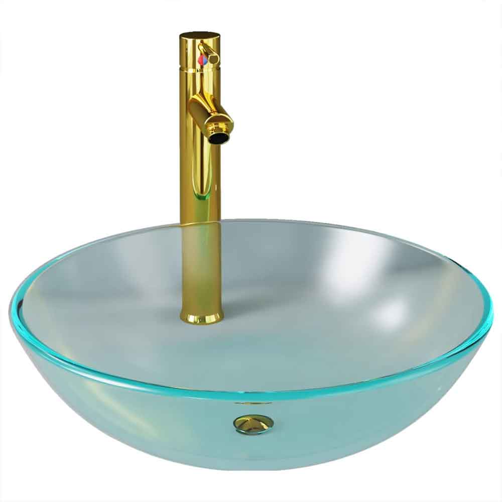 Tacoma Round Countertop Basin 420mm Wide With Gold Tap And Waste - Half Frosted Glass