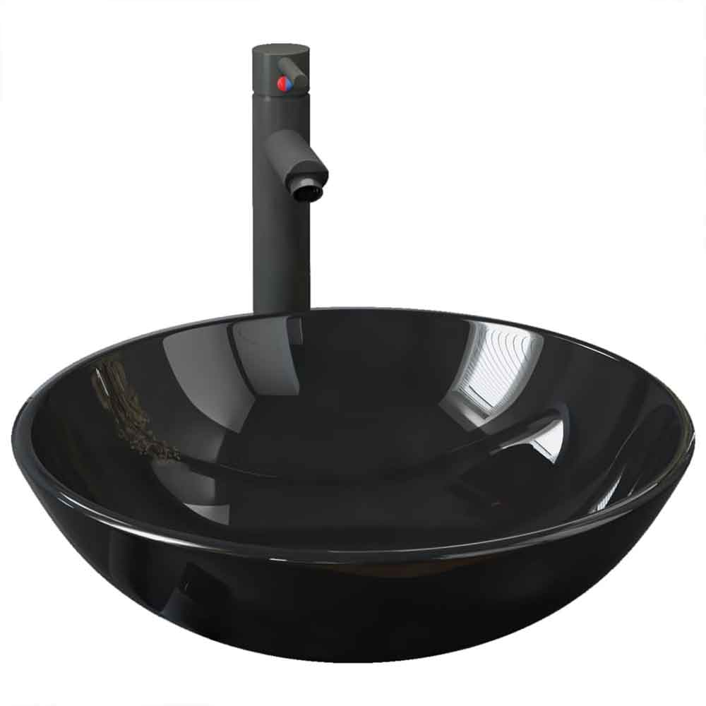 Tacoma Round Countertop Basin 420mm Wide With Grey Tap And Waste - Black Glass