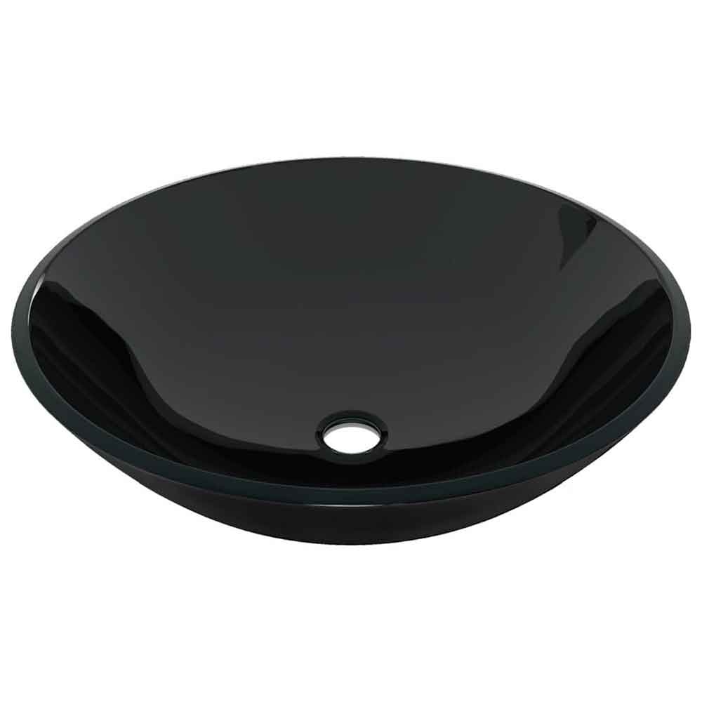 Tacoma Round Countertop Basin 420mm Wide With Grey Tap And Waste - Black Glass
