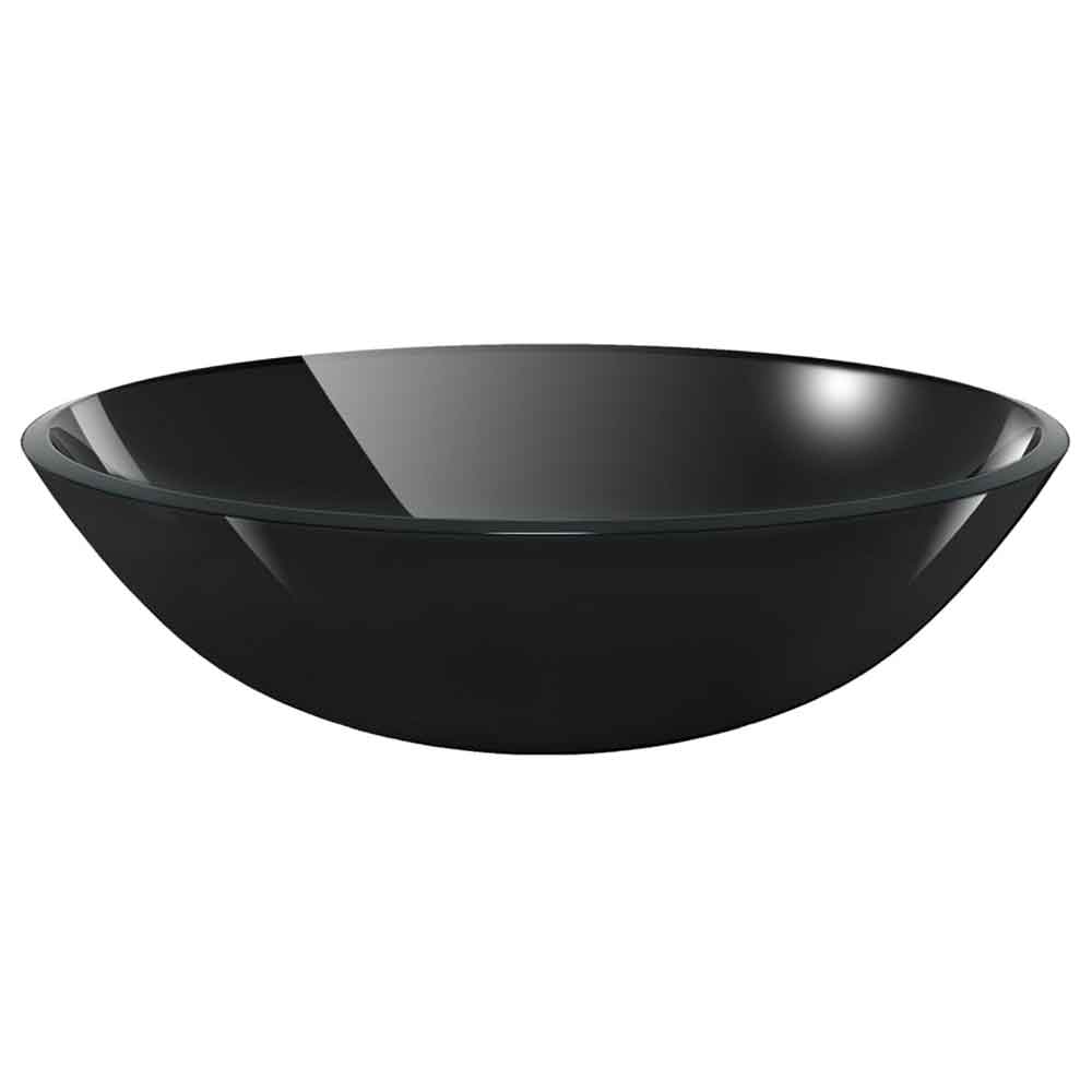 Tacoma Round Countertop Basin 420mm Wide With Grey Tap And Waste - Black Glass