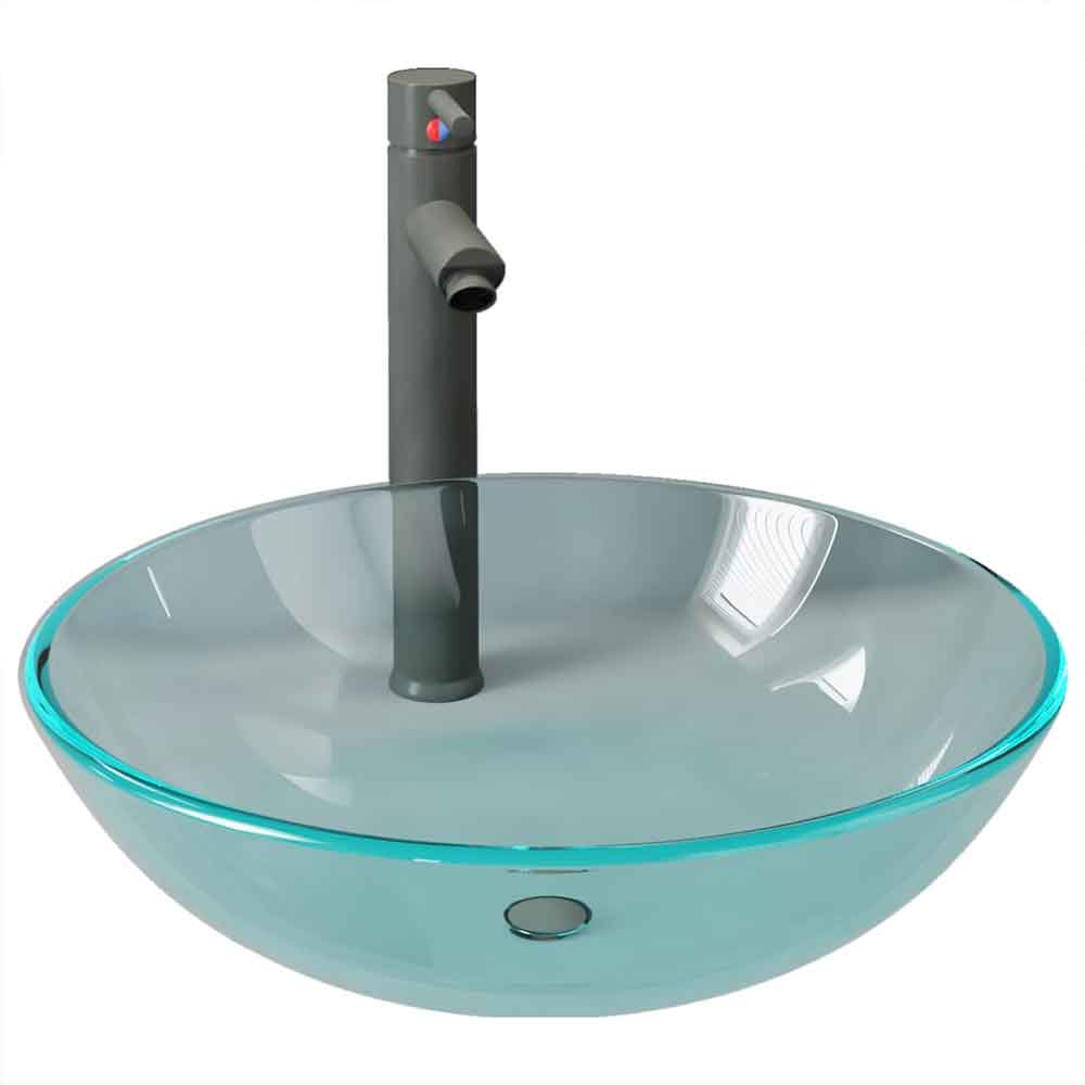 Tacoma Round Countertop Basin 420mm Wide With Grey Tap And Waste - Clear Glass