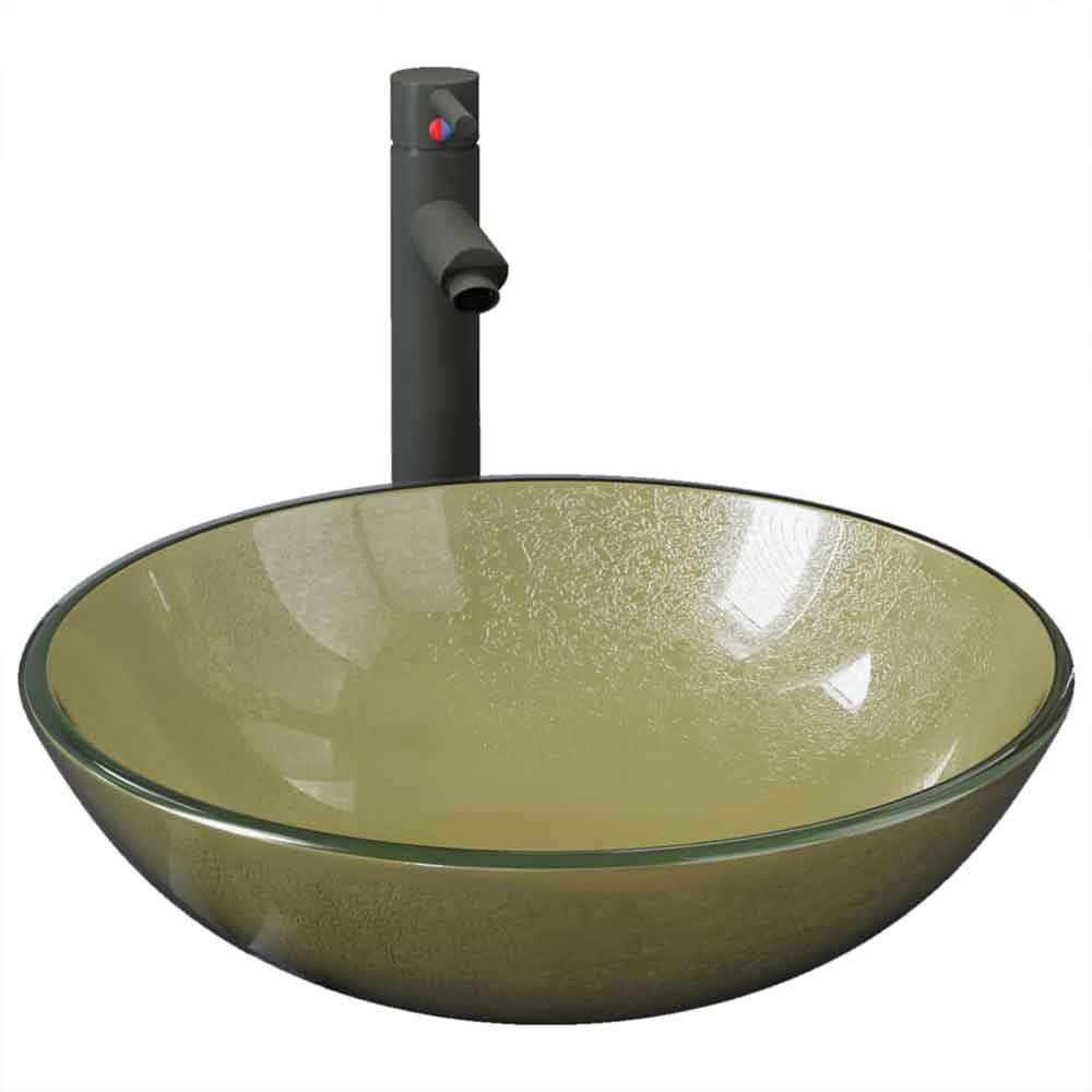 Tacoma Round Countertop Basin 420mm Wide With Grey Tap And Waste - Gold Glass