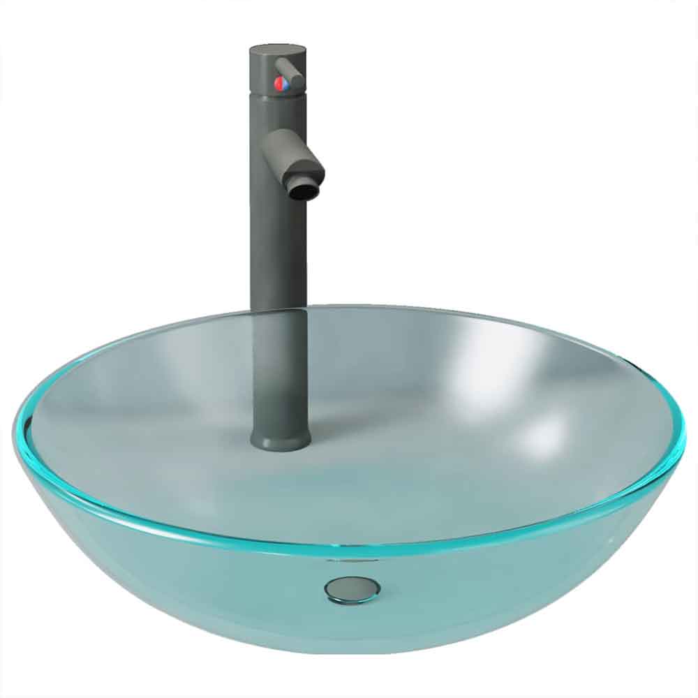 Tacoma Round Countertop Basin 420mm Wide With Grey Tap And Waste - Half Frosted Glass