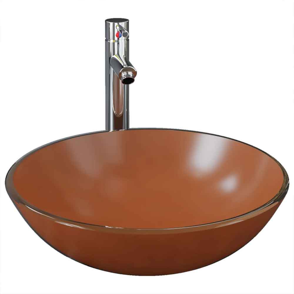 Tacoma Round Countertop Basin 420mm Wide With Silver Tap And Waste - Brown Glass