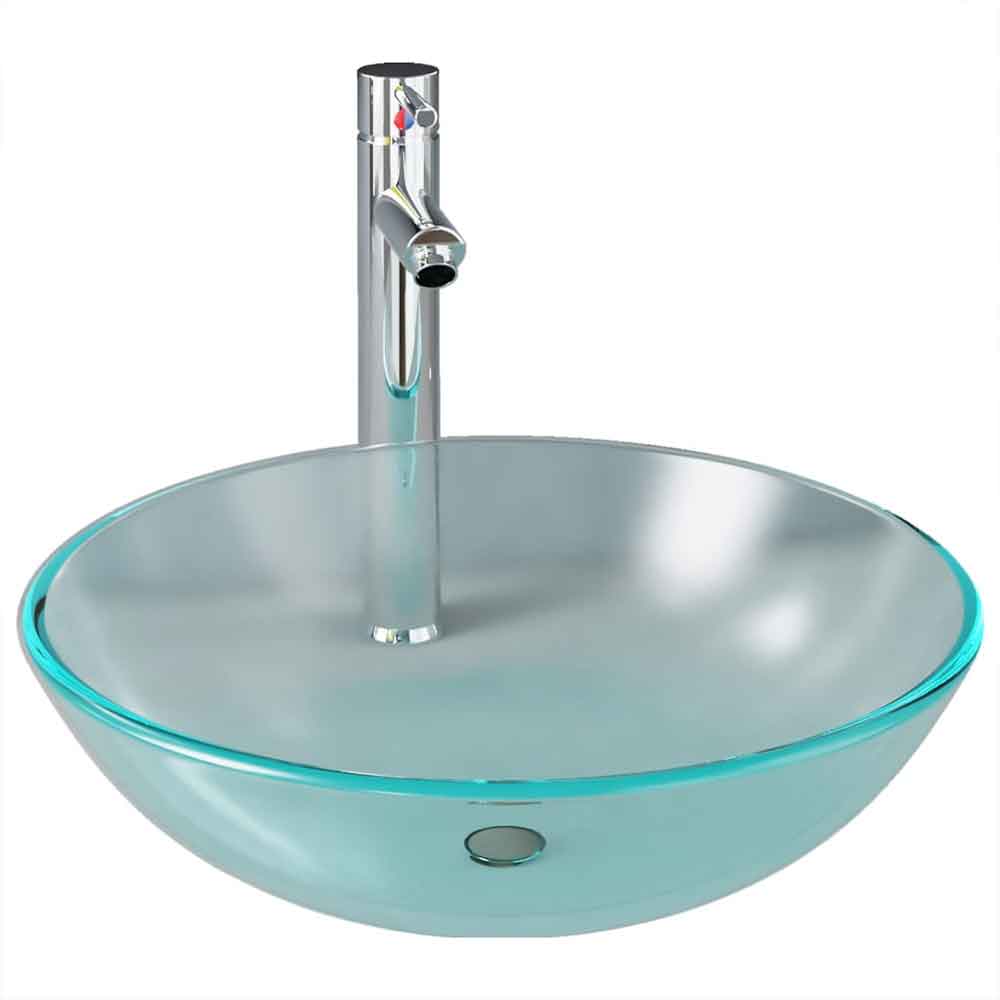 Tacoma Round Countertop Basin 420mm Wide With Silver Tap And Waste - Half Frosted Glass