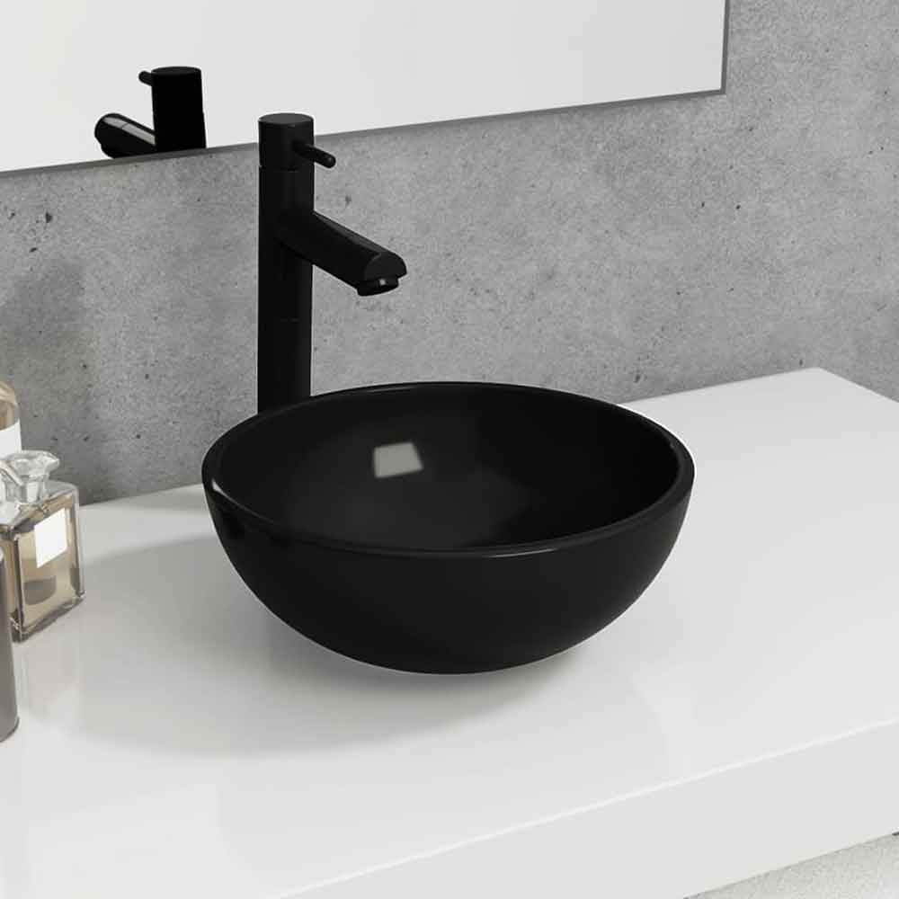 Tacoma Round Countertop Basin Without Waste 300mm Wide 0TH - Black Glass