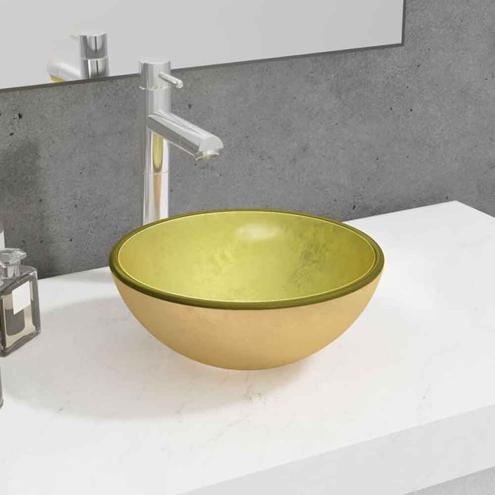 Tacoma Round Countertop Basin Without Waste 300mm Wide 0TH - Gold Glass