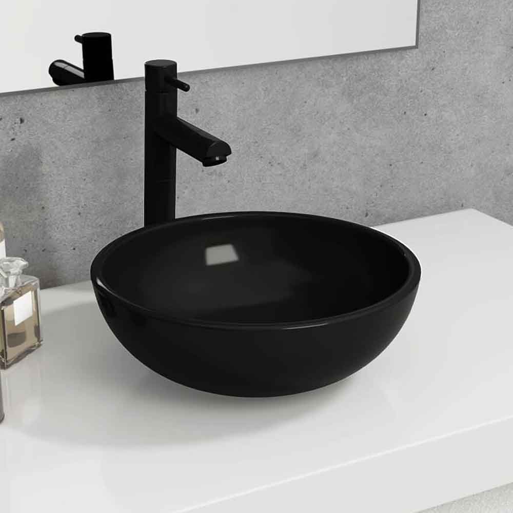 Tacoma Round Countertop Basin Without Waste 350mm Wide 0TH - Black Glass