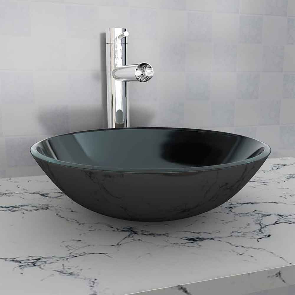 Tacoma Round Countertop Basin Without Waste 420mm Wide 0TH - Black Glass