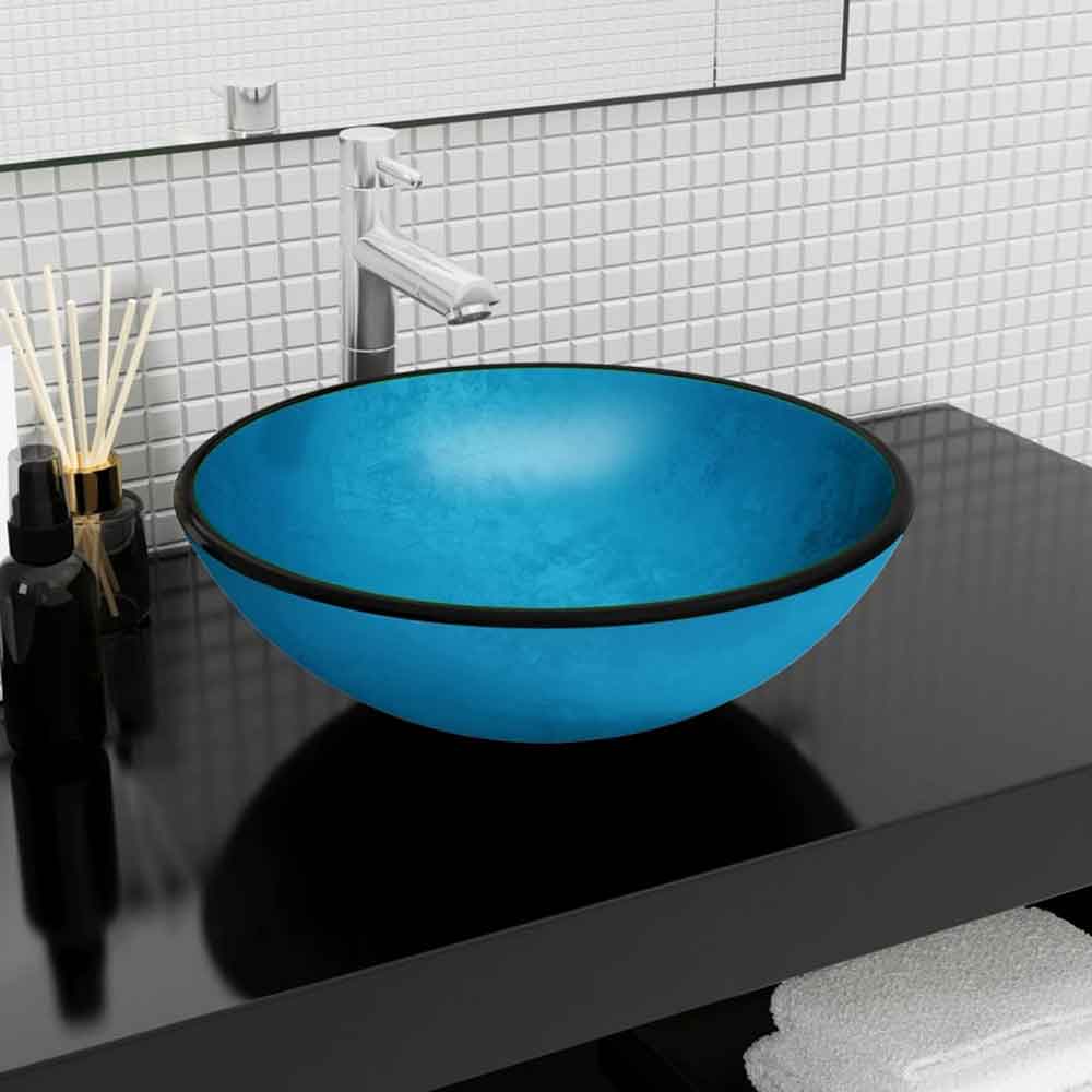 Tacoma Round Countertop Basin Without Waste 420mm Wide 0TH - Blue Glass