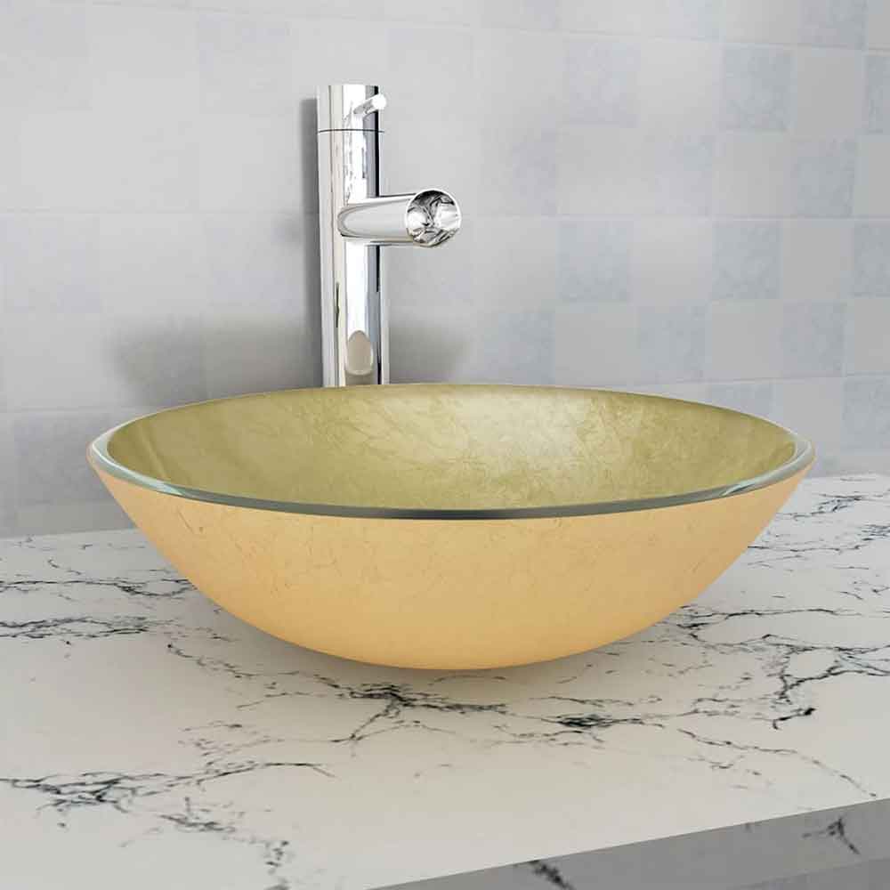Tacoma Round Countertop Basin Without Waste 420mm Wide 0TH - Gold Glass