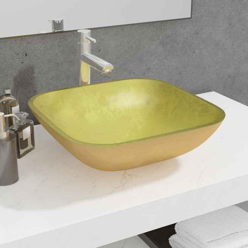 Tacoma Square Countertop Basin Without Waste 420mm Wide 0TH - Gold Glass