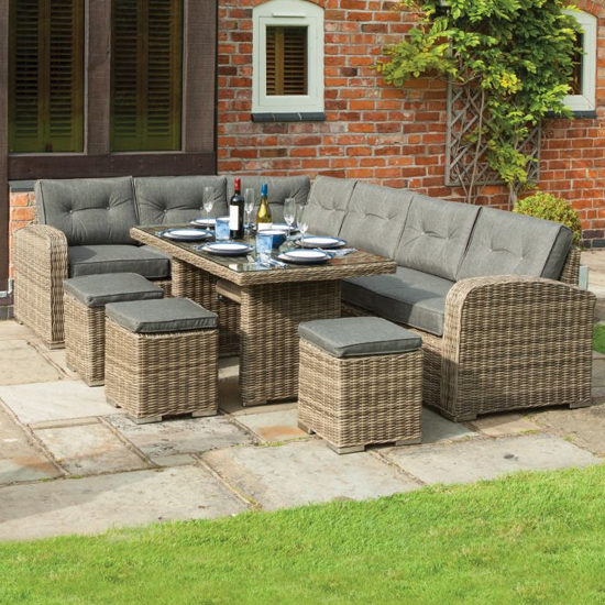 Read more about Tadcaster corner lounger with dining set in natural rattan effect