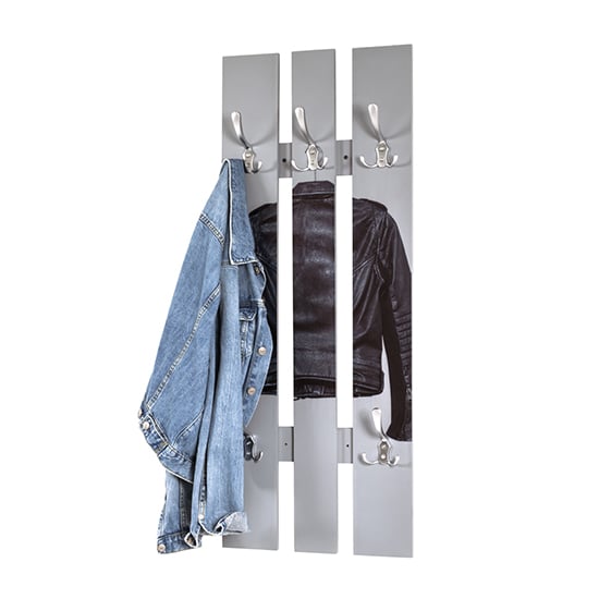 Product photograph of Tahoe Wooden Wall Hung 5 Hooks Coat Rack In Leather Jacket Print from Furniture in Fashion