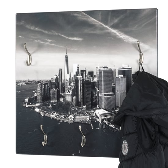 Product photograph of Tahoe Wooden Wall Hung 5 Hooks Coat Rack In Skyline Print from Furniture in Fashion