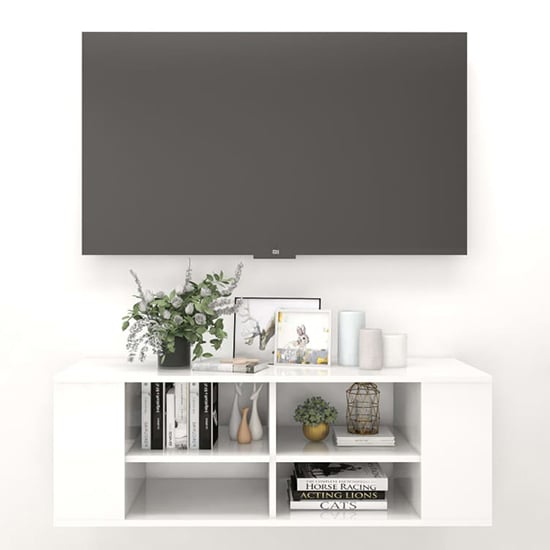 Taisa High Gloss Wall Hung TV Stand With Shelves In White_1