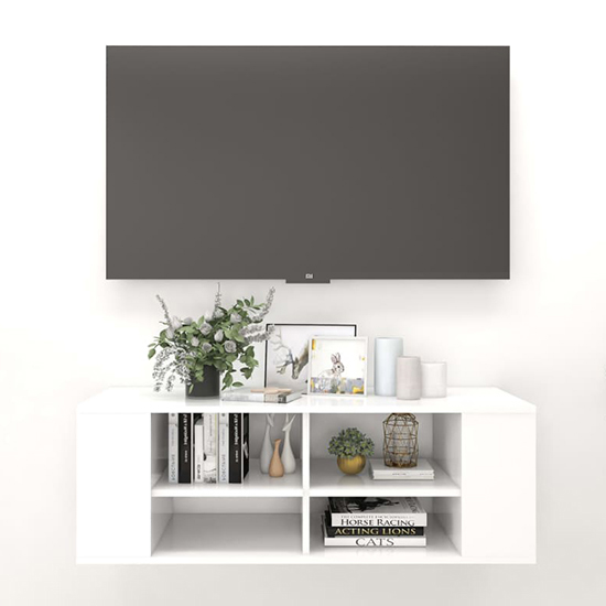 Photo of Taisa wooden wall hung tv stand with shelves in white