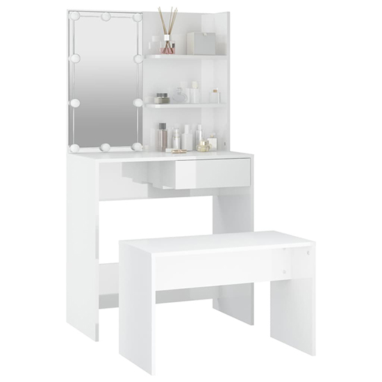 Taite High Gloss Dressing Table Set In White With LED Lights