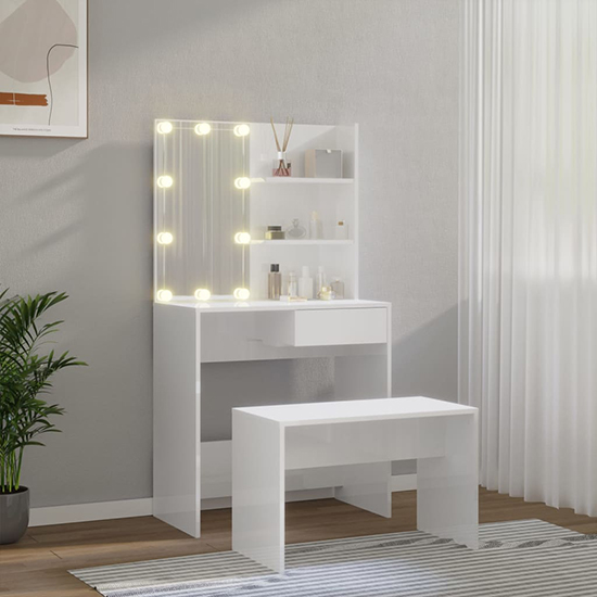 Taite High Gloss Dressing Table Set In White With LED Lights