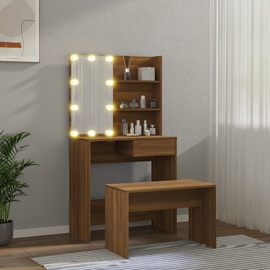 Read more about Taite wooden dressing table set in brown oak with led lights