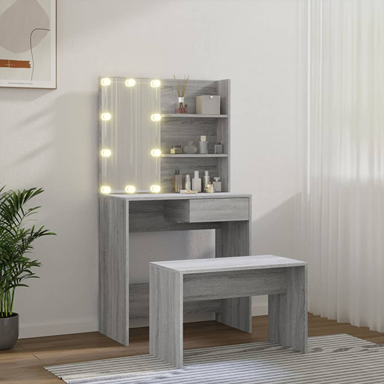 Taite Wooden Dressing Table Set In Grey Sonoma Oak With LED