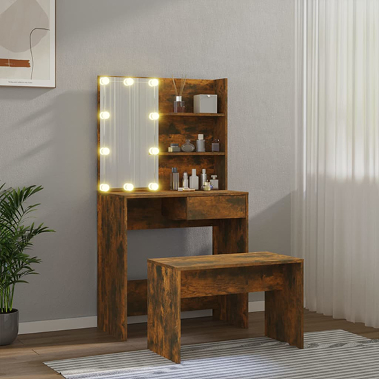 Taite Wooden Dressing Table Set In Smoked Oak With LED Lights