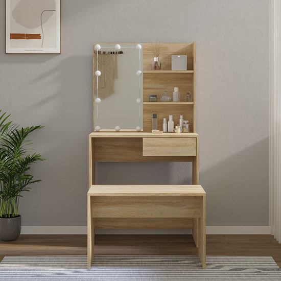 Taite Wooden Dressing Table Set In Sonoma Oak With LED Lights