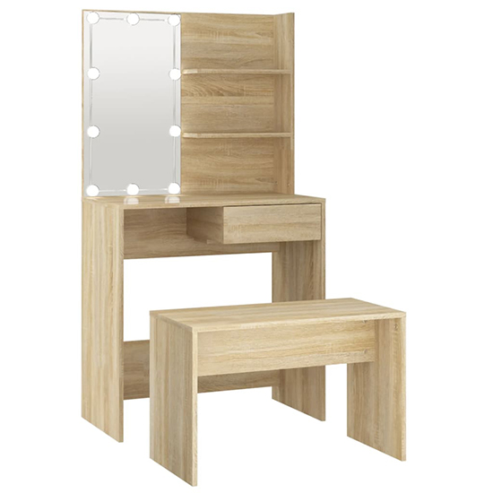 Taite Wooden Dressing Table Set In Sonoma Oak With LED Lights