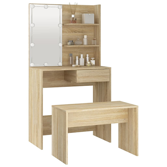 Taite Wooden Dressing Table Set In Sonoma Oak With LED Lights