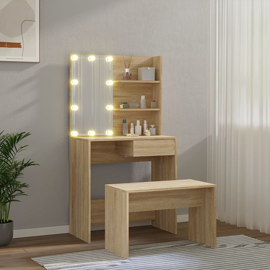 Taite Wooden Dressing Table Set In Sonoma Oak With LED Lights_1