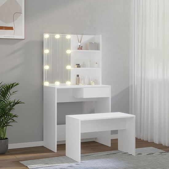 Taite Wooden Dressing Table Set In White With LED Lights Furniture in