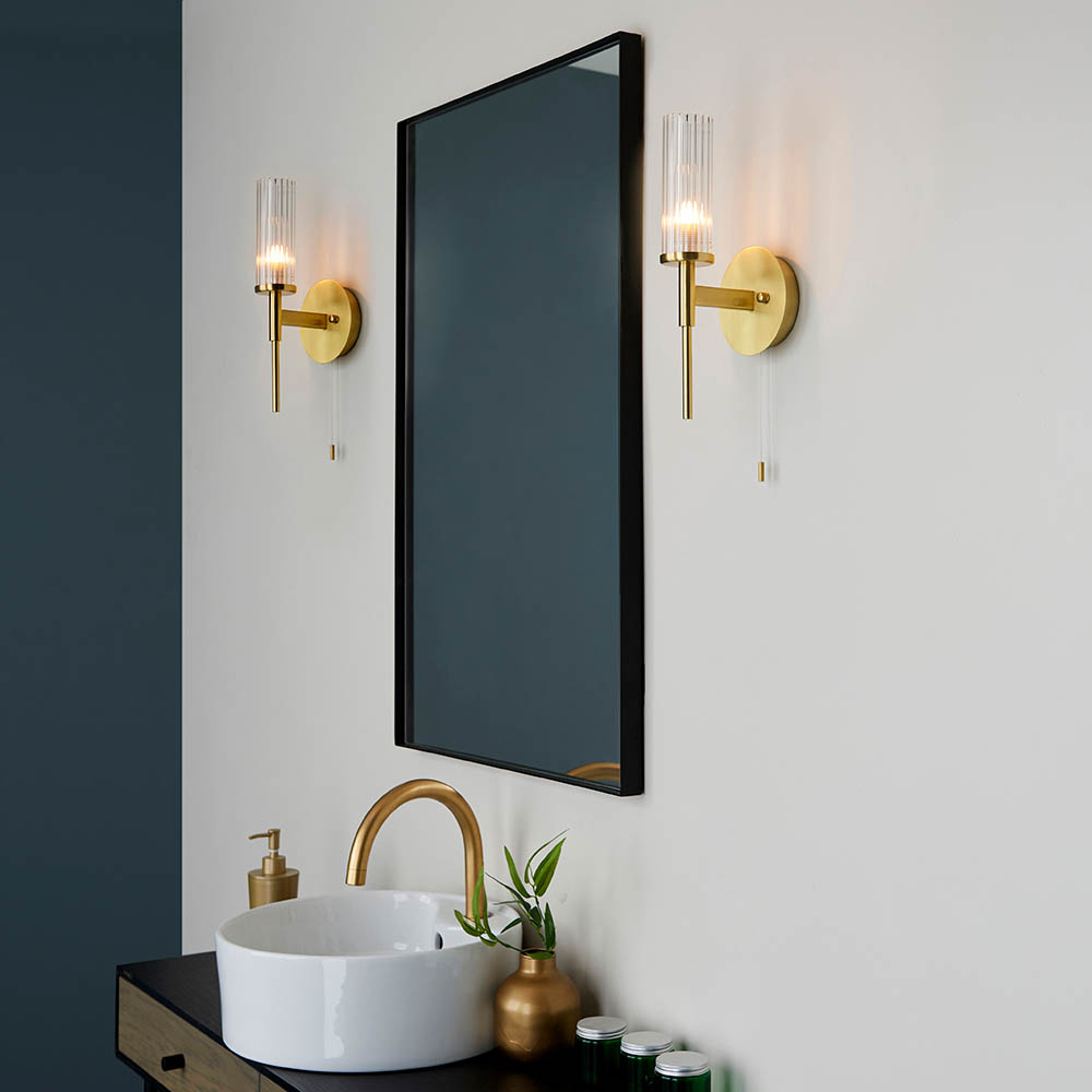 Talo Clear Ribbed Glass Shade Bathroom Wall Light In Brass