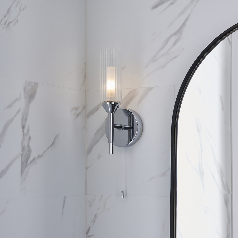 Talo Clear Ribbed Glass Shade Bathroom Wall Light In Chrome