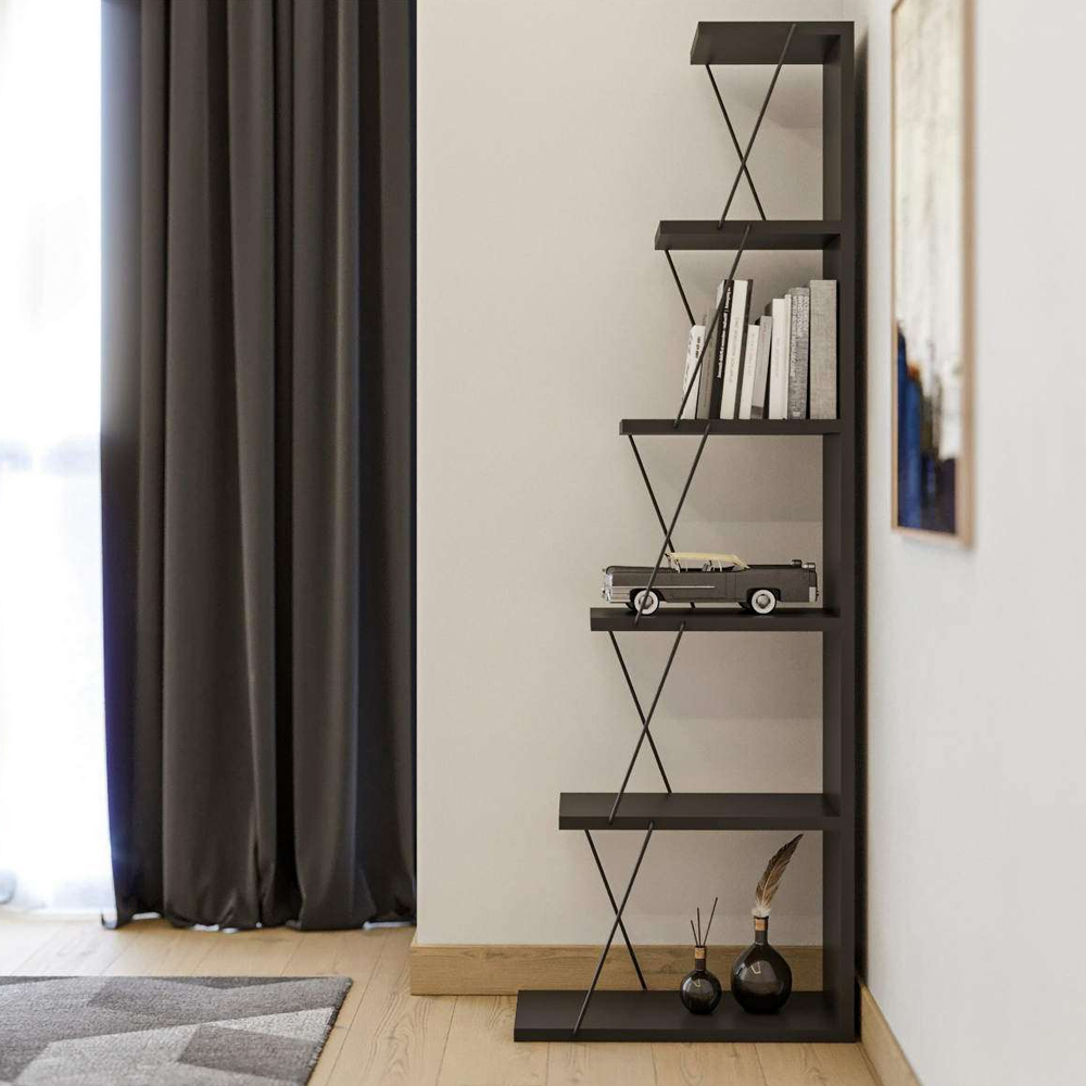Talos Wooden Bookcase with Black Metal Frame in Anthracite