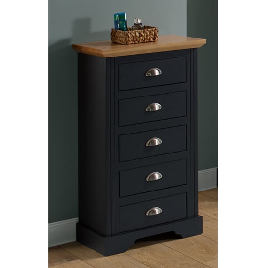 Product photograph of Talox Narrow Wooden Chest Of 5 Drawers In Grey And Oak from Furniture in Fashion
