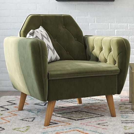Photo of Taluka memory foam velvet armchair with wooden legs in green