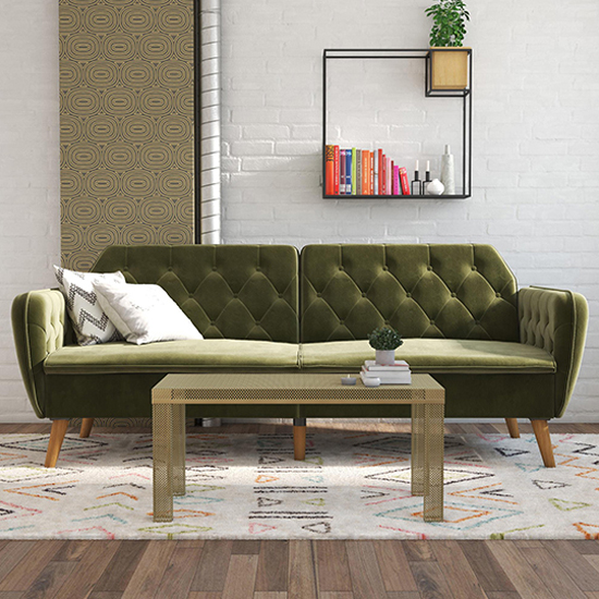 Taluka Velvet Sofa Bed With Wooden Legs In Green