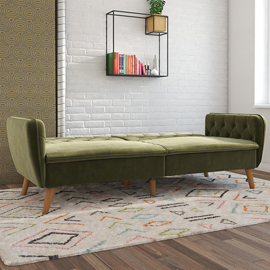 Taluka Velvet Sofa Bed With Wooden Legs In Green
