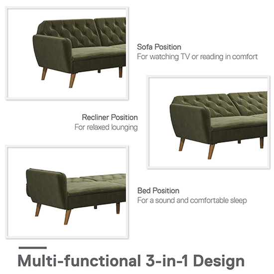 Taluka Velvet Sofa Bed With Wooden Legs In Green