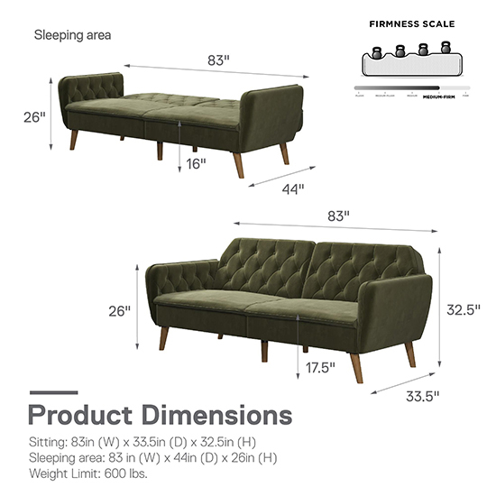 Taluka Velvet Sofa Bed With Wooden Legs In Green