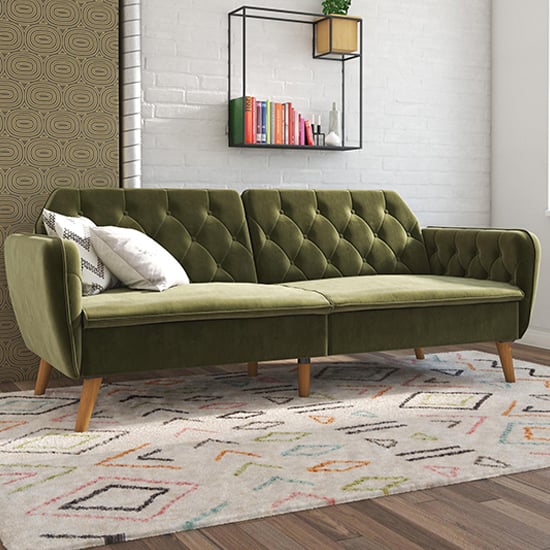 Taluka Memory Foam Velvet Sofa Bed With Wooden Legs In Green