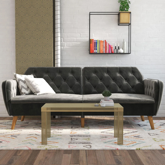 Taluka Velvet Sofa Bed With Wooden Legs In Grey