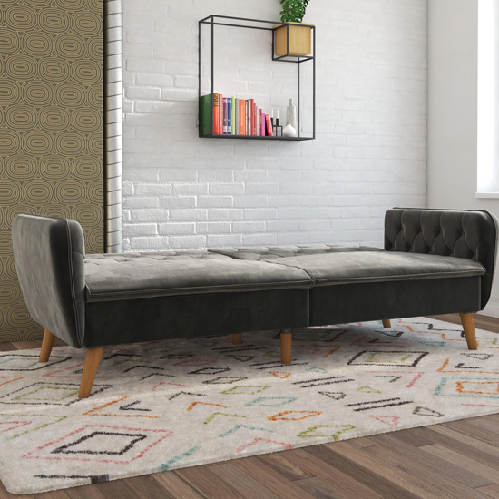 Taluka Velvet Sofa Bed With Wooden Legs In Grey