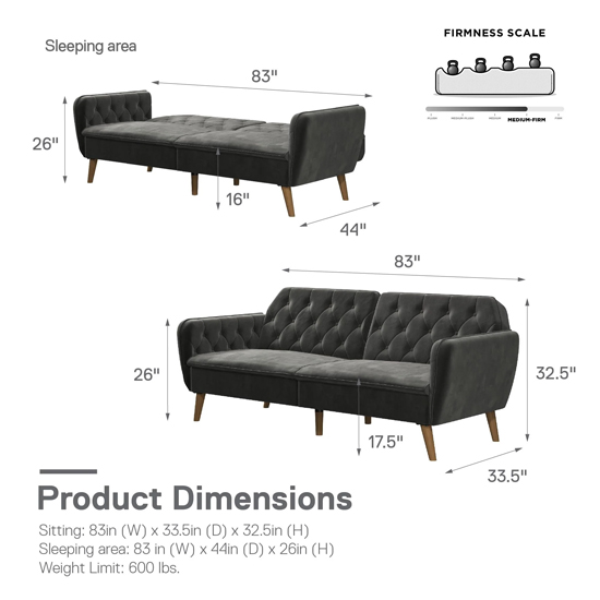 Taluka Velvet Sofa Bed With Wooden Legs In Grey