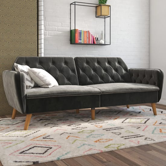 Read more about Taluka memory foam velvet sofa bed with wooden legs in grey