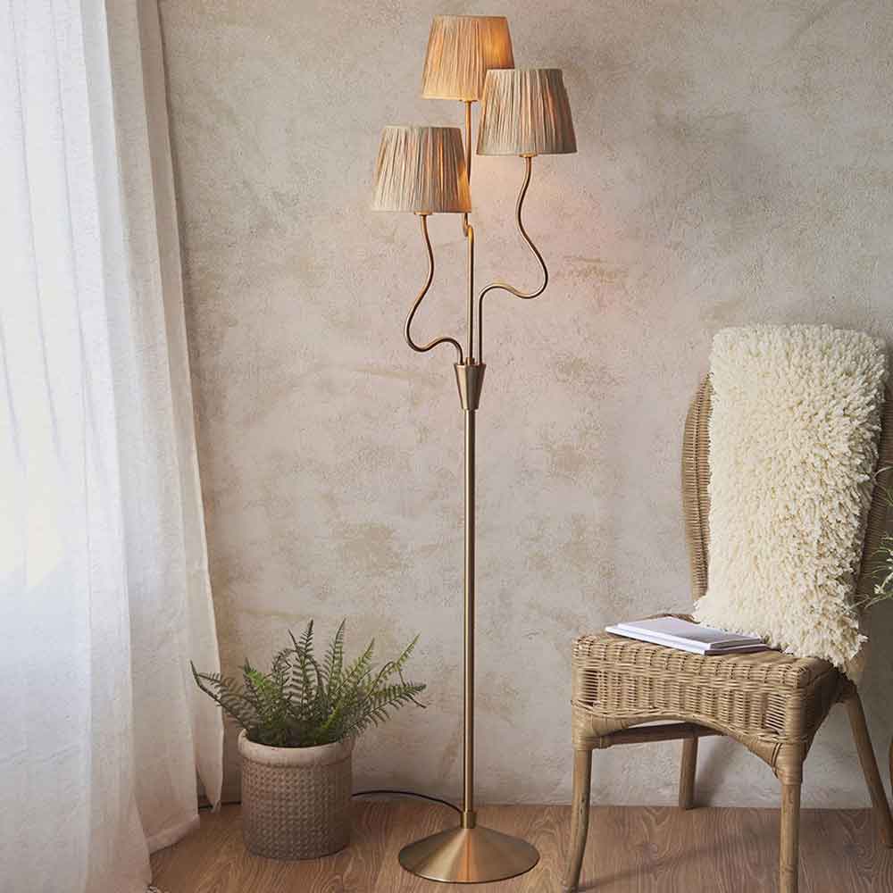 Tampa 3 Light Fabric Floor Lamp In Aged Brushed Brass