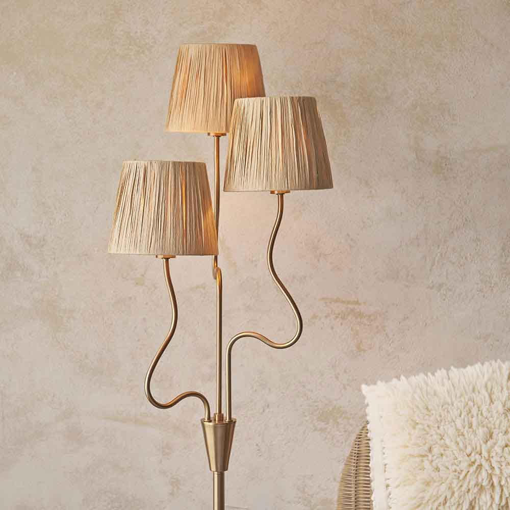 Tampa 3 Light Fabric Floor Lamp In Aged Brushed Brass