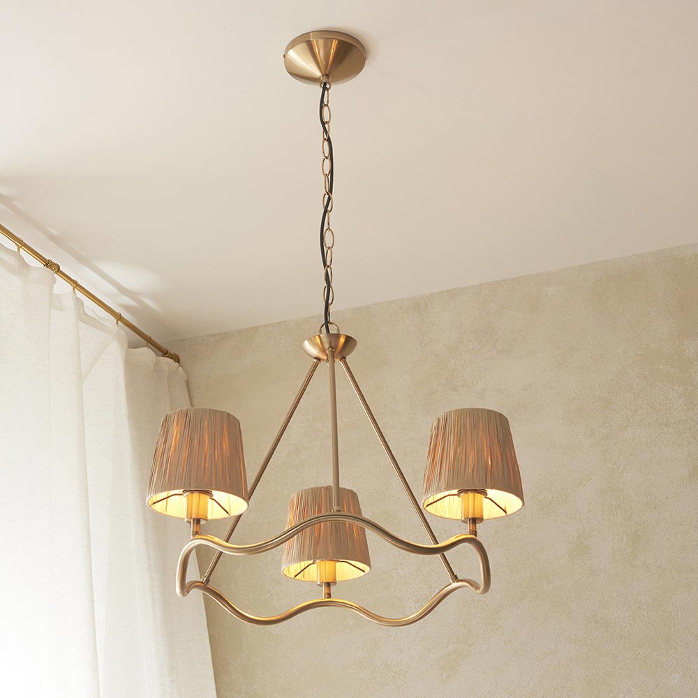 Tampa 3 Light Fabric Pendant Ceiling Light In Aged Brushed Brass