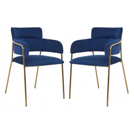 Read more about Tamzo blue velvet dining chairs and gold legs in pair